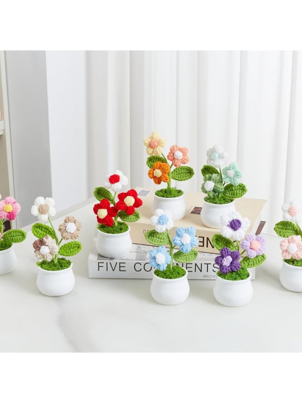 Blue Crochet Puff Flowers Potted Plants, Small Handmade Graduation Anniversary A - Picture 2 of 6